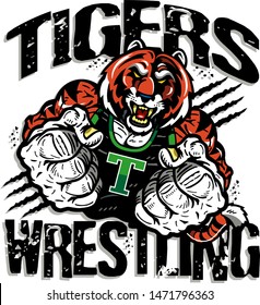 Tigers Wrestling Team Design With Muscular Mascot For School, College Or League