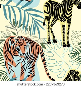 Tigers and zebra seamless pattern with tropical leaves background Vector
