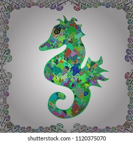 Tigertail Seahorse cutout. Vector art. Scribble, sketch, doodle. Seahorse on white, green and blue background. Perfect for surface textures, wallpapers, web page backgrounds, textile. Seamless pattern