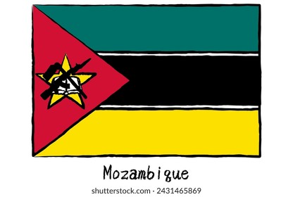 Tight analog hand-drawn style World Flag, Mozambique, Vector Illustration