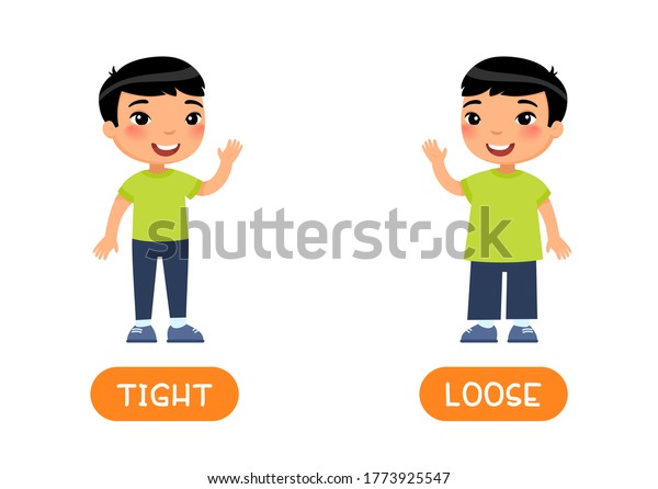 Tightとlooseの反意語フラッシュカードベクター画像テンプレート 反対のコンセプト 平文字で英語を学ぶためのワードカード スキニージーンズの イラストにタイポグラフィーを付けたアジアの少年 のベクター画像素材 ロイヤリティフリー