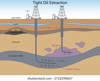 Proceso de extracción de petróleo apretado de roca de esquisto utilizando técnicas de perforación Horizontal y fracturación hidráulica Diagrama Vector esquemático dibujado a mano. Ciencia ilustración educativa