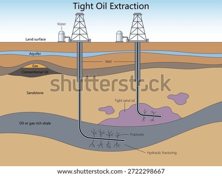 tight oil extraction process from shale rock using horizontal drilling and hydraulic fracturing techniques diagram hand drawn schematic vector. Science educational illustration