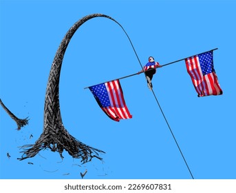  A tight rope has broken and a wire walker with USA flags is about to fall in this illustration about US foreign policy problems. This is a 3-d vector illustration.