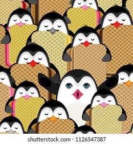 Tight vector seamless pattern of penguins carrying ice cream briquettes