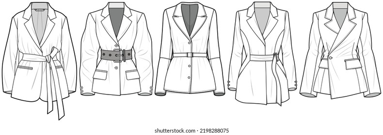 Tight Waist Side Button Blazer, Waist Knot Belt Blazer Sets Fashion Illustration, Vector, CAD, Technical Drawing, Flat Drawing, Template, Mockup.