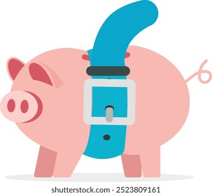 Tighten belt to reduce budget or spending, financial crisis or economic slow down, keep cost and expense low to survive, pink piggybank tighten belt on his belly metaphor of saving cost.  