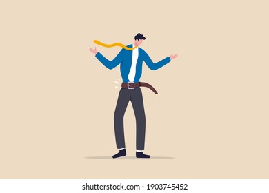 Tighten The Belt, Reduce Spending In Economic Recession, Cut Budget To Save Business To Survive Or Frugality Concept, Broke Or Bankruptcy Businessman Tighten Or Squeezing His Belt.