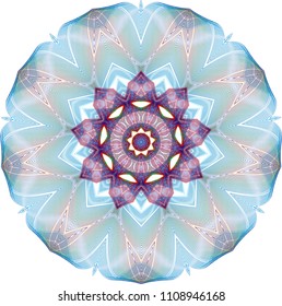 Tightly designed central floating double rosette with dark red and blue hues surrounded by a thick crown of green, blue and orange pointed petals.