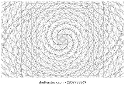 Tightly wound spiral of overlapping geometric lines creating an illusion effect. Black and white.
