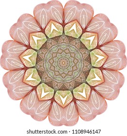 Tightly woven double layered guilloche fan rosette with gradient color palette of reddish browns to mossy green hues amid tightly spaced petals and complex central core.
