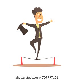 Tightrope walker balancing on the wire, circus or street actor colorful cartoon detailed vector Illustration