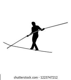 Tightrope walker balancing with a pole black silhouette, isolated on white background