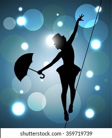 tightrope walker girl with umbrella balancing on the wire