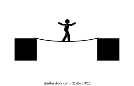 tightrope walker illustration, isolated vector icon, man takes risks, human silhouette walks over an abyss