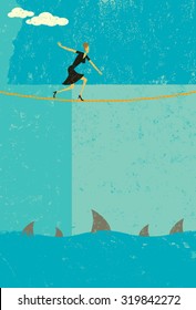 Tightrope walker. A retro businesswoman taking a big risk by walking a tightrope over sharks. The woman and rope and background are on separate labeled layers.