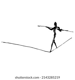 Tightrope walker. Ropewalker or equilibrist. Hand drawn ink sketch. Black and white silhouette. Creative concept for balance. Isolated vector illustration.