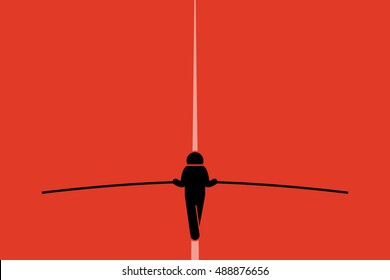 Tightrope walker walking and balancing on the wire with a long pole. He is taking risk and challenging himself doing the stunt. Simple vector background with copy space.