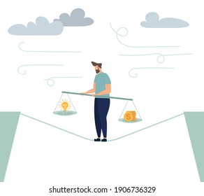 Tightrope walker walking on rope over the abyss. Vector illustration of single choice invest in the idea on a swing, money balance and idea balance rocker