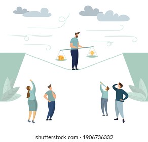 Tightrope walker walking on rope over the abyss. Vector illustration of groups of people who invest in the idea on a swing, money balance and idea balance rocker