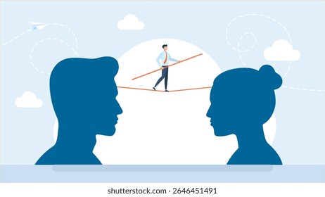 Um andador de corda bamba caminha entre as silhuetas das cabeças de um homem e de uma mulher. Relações familiares. Psicologia dos relacionamentos em um casal. Ilustração vetorial