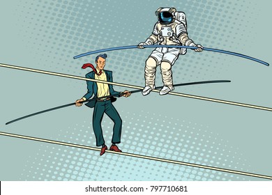 tightrope walkers acrobats businessman and astronaut. Pop art retro vector illustration.