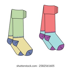 Tights toe socks flat sketch vector mockup template technical illustration.