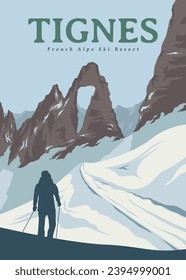 tignes franz. alps ski poster vintage design, france national park poster design