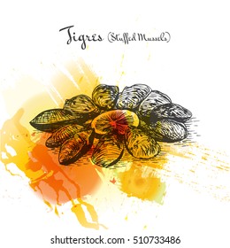 Tigres Stuffed Mussels colorful watercolor effect illustration. Vector illustration of Spanish cuisine.