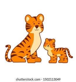 Tigress and cub on white background. Cute family portrait.
