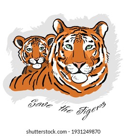 Tigress With Cub. Tigers Family For Your Design. Save The Tigers. Vector Illustration