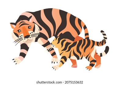 Tigress with cubs. Big wild cat animal with babies vector illustration