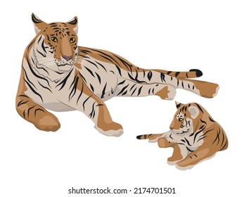 Tigress and her cub. Realistic vector animal