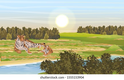 A tigress and her tiger cub rest on the riverbank with bushes, trees and dry grass. Animals of Asia. Panthera tigris. Big cats. Predatory mammals. Realistic vector landscape