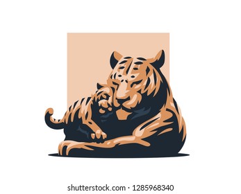 A tigress with her tiger cub. Vector illustration.