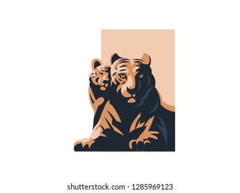 A tigress with her tiger cub. Vector illustration.