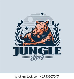 The tigress lies in the jungle. The little tiger cub touches her head. Around, flowers grass and butterflies. Vector illustration.