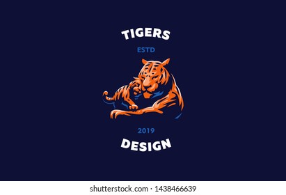 A tigress with a tiger cub lies. Vector illustration.