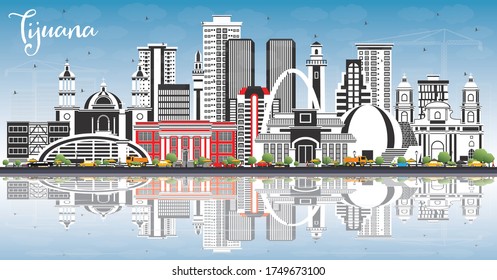 Tijuana Mexico City Skyline with Color Buildings, Blue Sky and Reflections. Vector Illustration. Tourism Concept with Historic and Modern Architecture. Tijuana Cityscape with Landmarks.