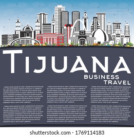 Tijuana Mexico City Skyline with Color Buildings, Blue Sky and Copy Space. Vector Illustration. Tourism Concept with Historic and Modern Architecture. Tijuana Cityscape.