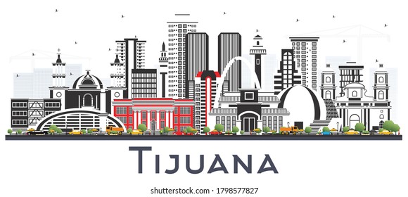 Tijuana Mexico City Skyline with Color Buildings Isolated on White. Vector Illustration. Tourism Concept with Historic and Modern Architecture. Tijuana Cityscape with Landmarks.