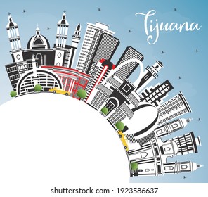 Tijuana Mexico City Skyline with Color Buildings, Blue Sky and Copy Space. Vector Illustration. Tourism Concept with Historic and Modern Architecture. Tijuana Cityscape.