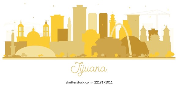 Tijuana Mexico City Skyline Silhouette with Golden Buildings Isolated on White. Vector Illustration. Tourism Concept with Historic and Modern Architecture. Tijuana Cityscape with Landmarks.