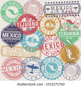 Tijuana Mexico Set Of Stamps. Travel Stamp. Made In Product. Design Seals Old Style Insignia.