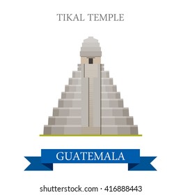 Tikal Temple in Guatemala. Flat cartoon style historic sight showplace attraction web site vector illustration. World countries cities vacation travel sightseeing Central America collection.