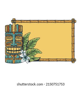 Tiki background with tiki mask, tropical frame and exotic leaves for summer hawaii surfing or beach bar