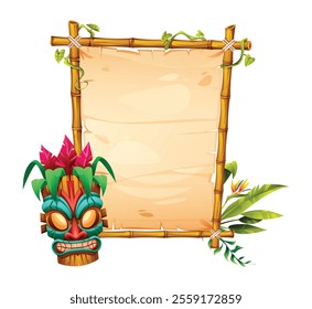 Tiki bamboo frame with parchment, tropical plants, and colorful tribal mask. Vector cartoon illustration