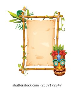 Tiki bamboo frame with vines, tribal mask, and parchment paper, decorated with tropical plants. Vector cartoon illustration