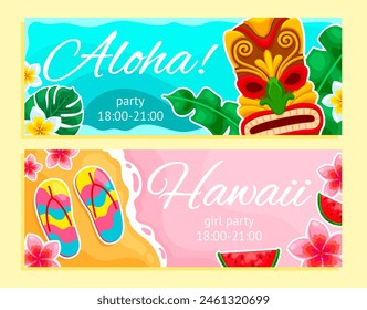 Anuncio Tiki. Fondo de póster de bar de playa hawaiano, hawaii aloha surf party decoración cultura polinesia máscara tribal tótem flores hoja diseño de verano, ingeniosa Ilustración vectorial de póster hawaiano