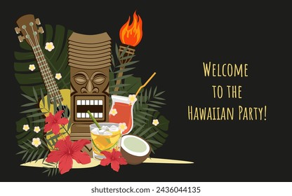 Pancarta de Tiki. Invitación a una fiesta hawaiana.